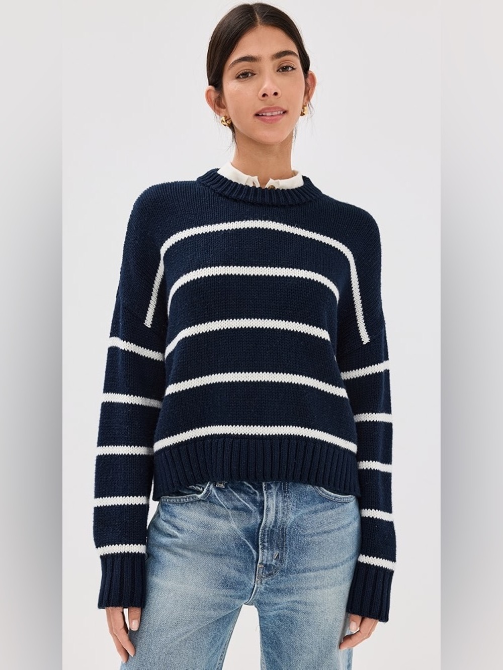 Jenni Kayne Medium Chloe Cotton Crewneck Sweater Navy Blue White Stripe